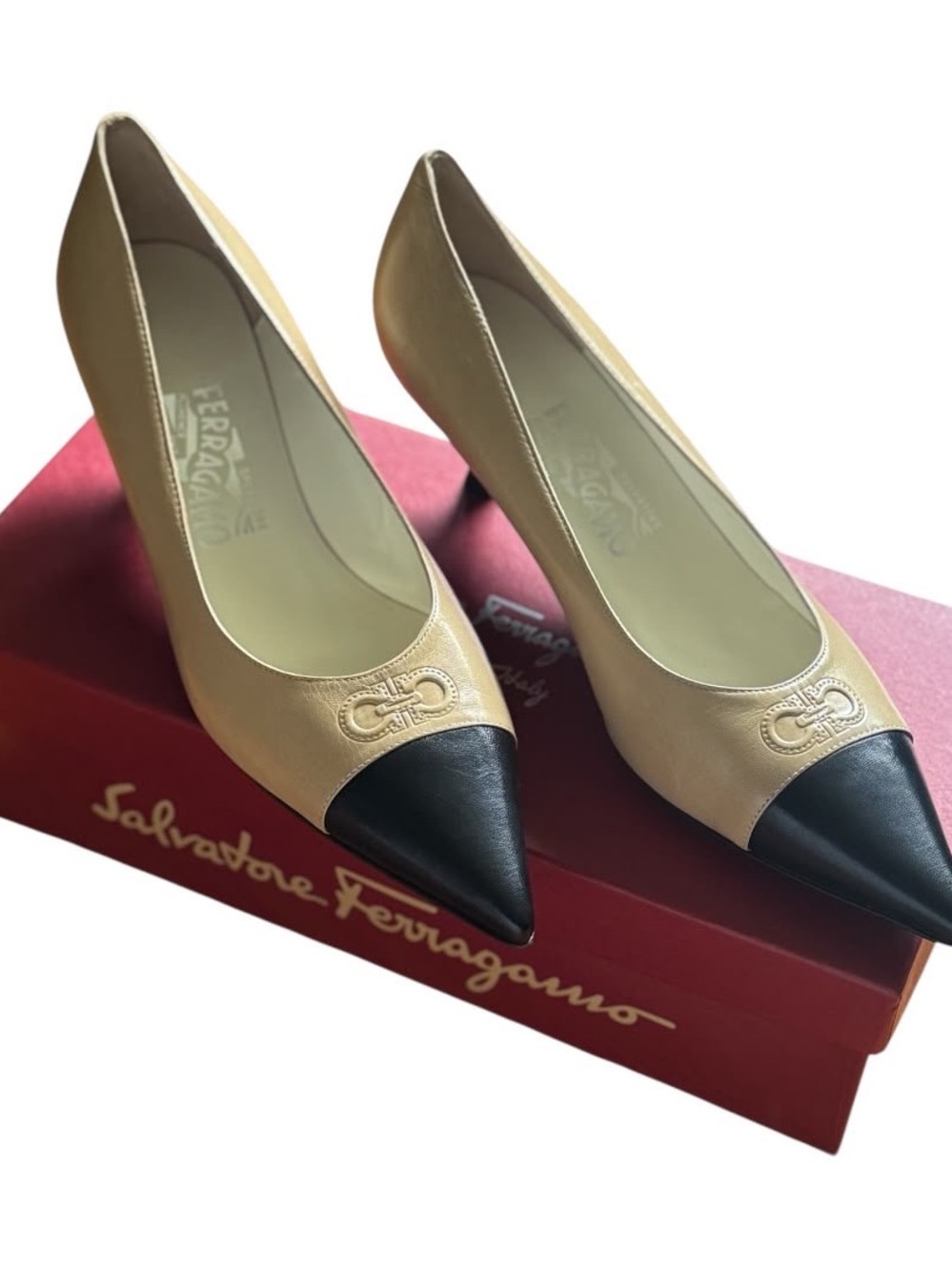 Salvatore Ferragamo Two-Tone Pointed Toe Pumps in Cream and Black